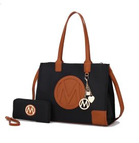 MKF Collection Louise Tote and Wallet Set by Mia k (Material: Vegan Leather, Color: Black-Cognac)
