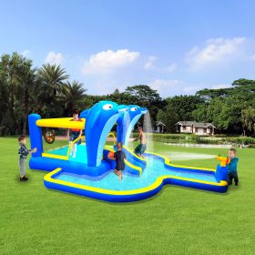 6 in1 Inflatable slide water park trampoline bouncing house outdoor garden with Dolphin sprinkler & Target games & Water gun & Basketball (Color: as Pic)