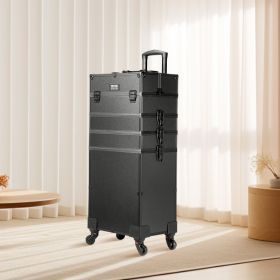5 In 1 Professional Makeup Train Case Aluminum Cosmetic Case, Rolling Makeup Case Extra Large Trolley Makeup Travel Organizer, With 360° Swivel W (Option: Black)